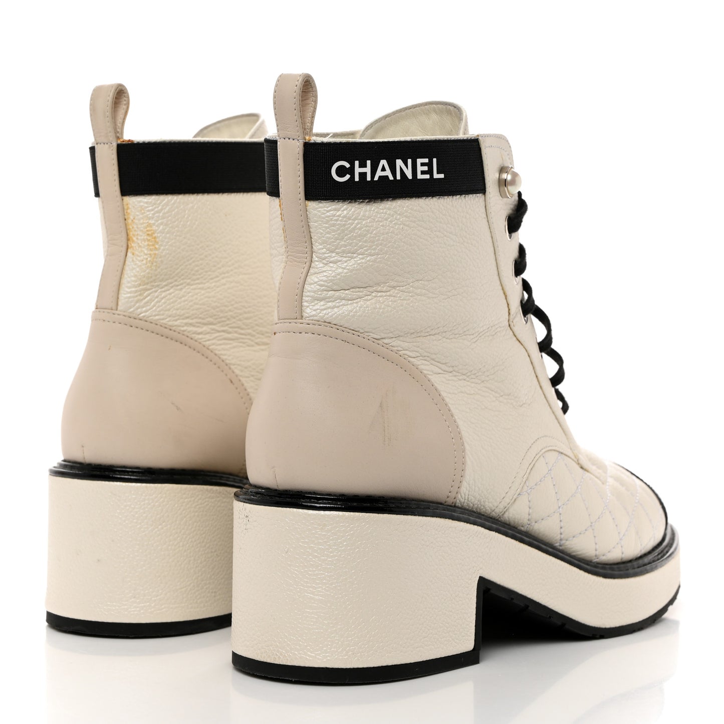 Pearly Calfskin Patent Calfskin Quilted Lace Up Boots 37.5 White Light Gray Black