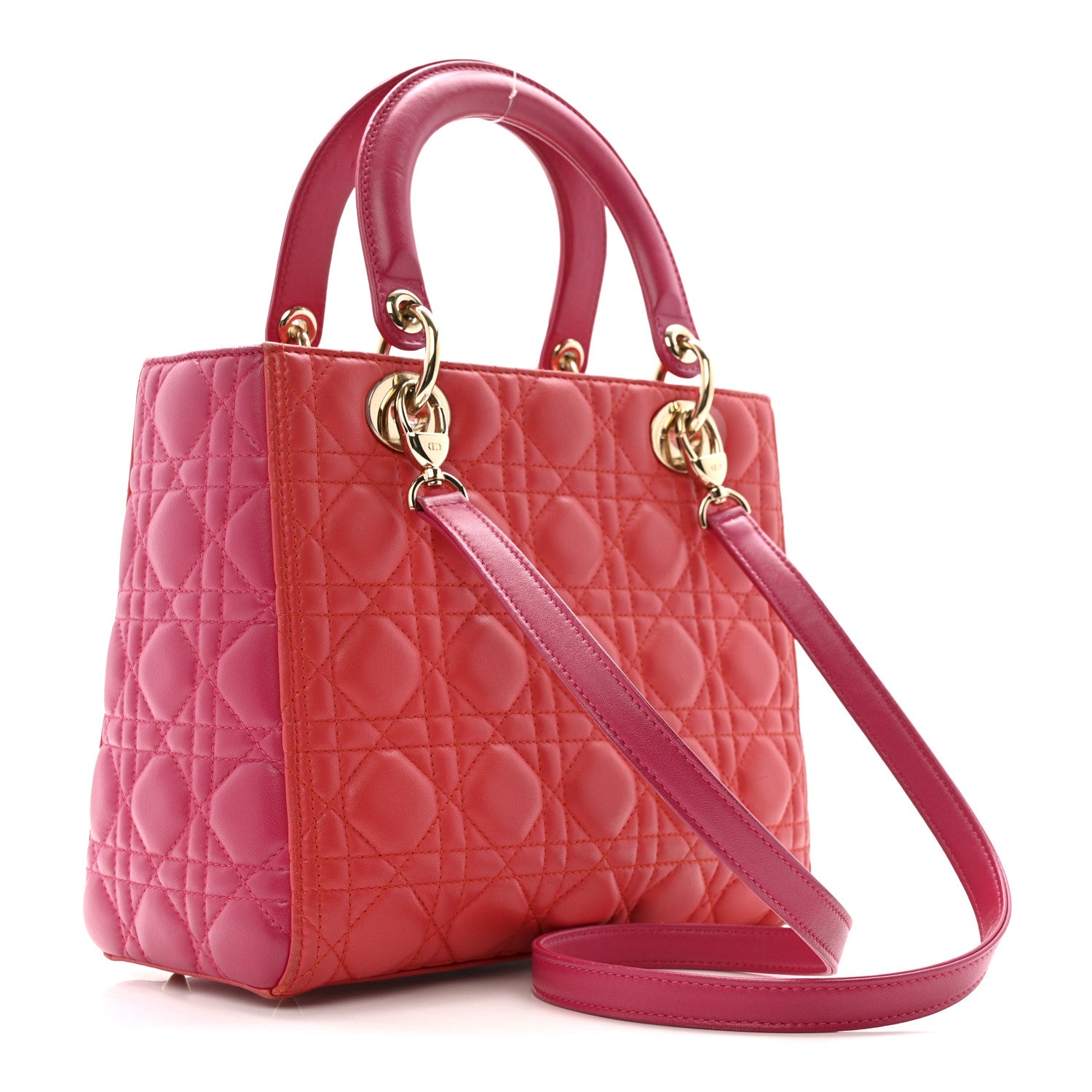 Christian Dior Lambskin Cannage Medium Bi-Color Lady Dior Orange Fuchsia 3 of 15