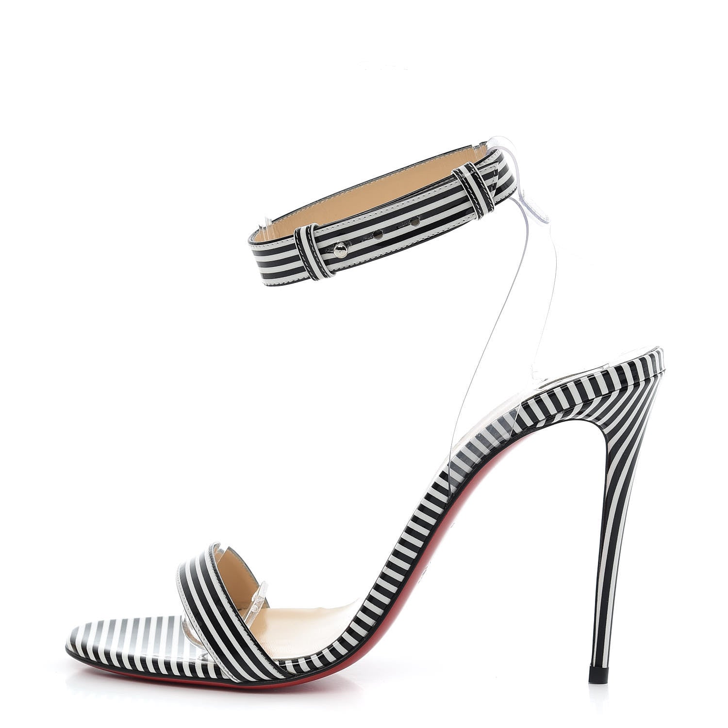 Christian Louboutin Patent PVC Striped Illusion Jonatina 100 Sandals 37.5 Black White 1 of 9