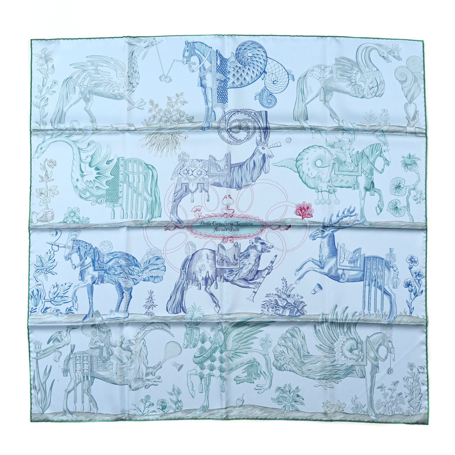 Hermes Silk Della Cavalleria Favolosa Reversible Scarf 90 Azure Bleu Petrole 1 of 6