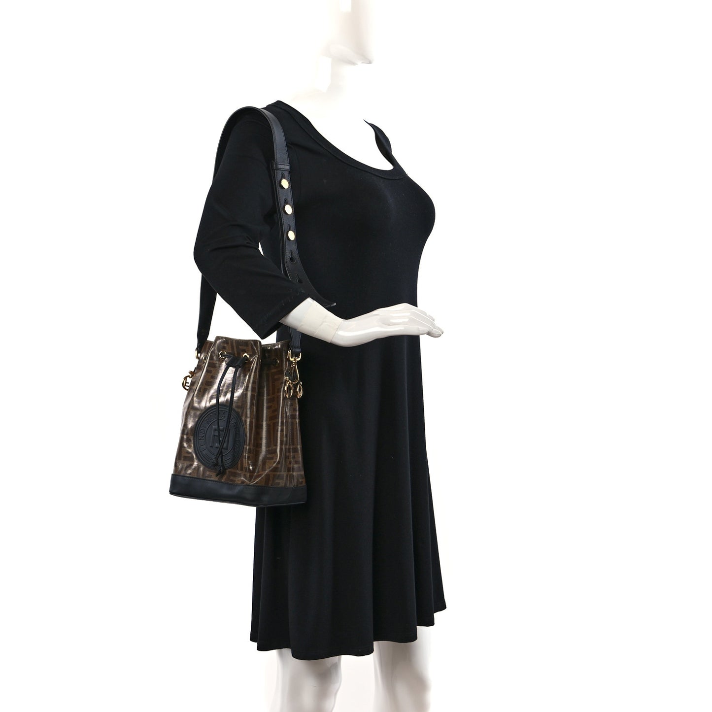 Glazed Fabric Vitello Grace F is Fendi FF 1974 Stamp Patch Grande Mon Tresor Bucket Bag Mogano Panna Black