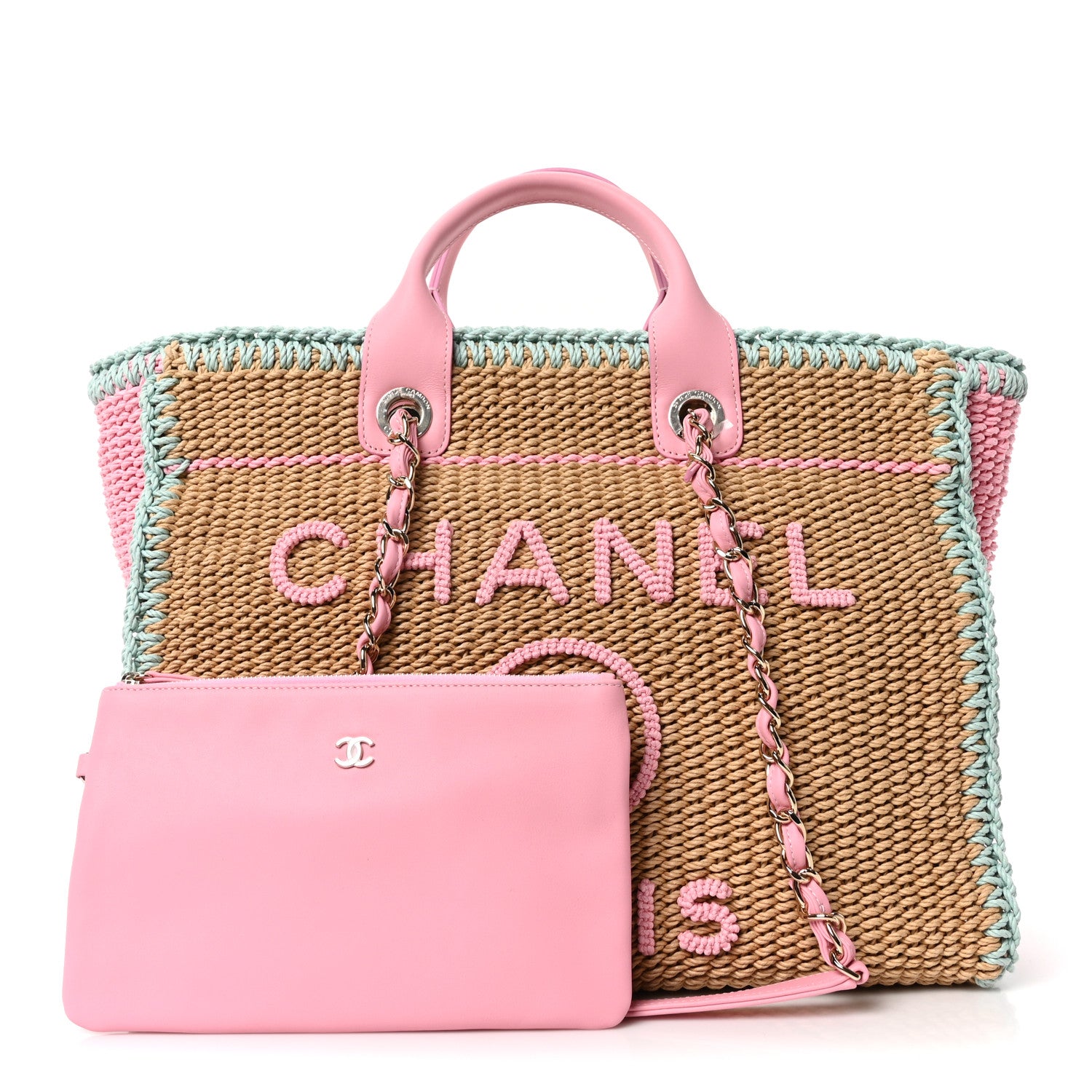 Chanel Raffia Crochet Medium Deauville Tote Beige Light Pink Green