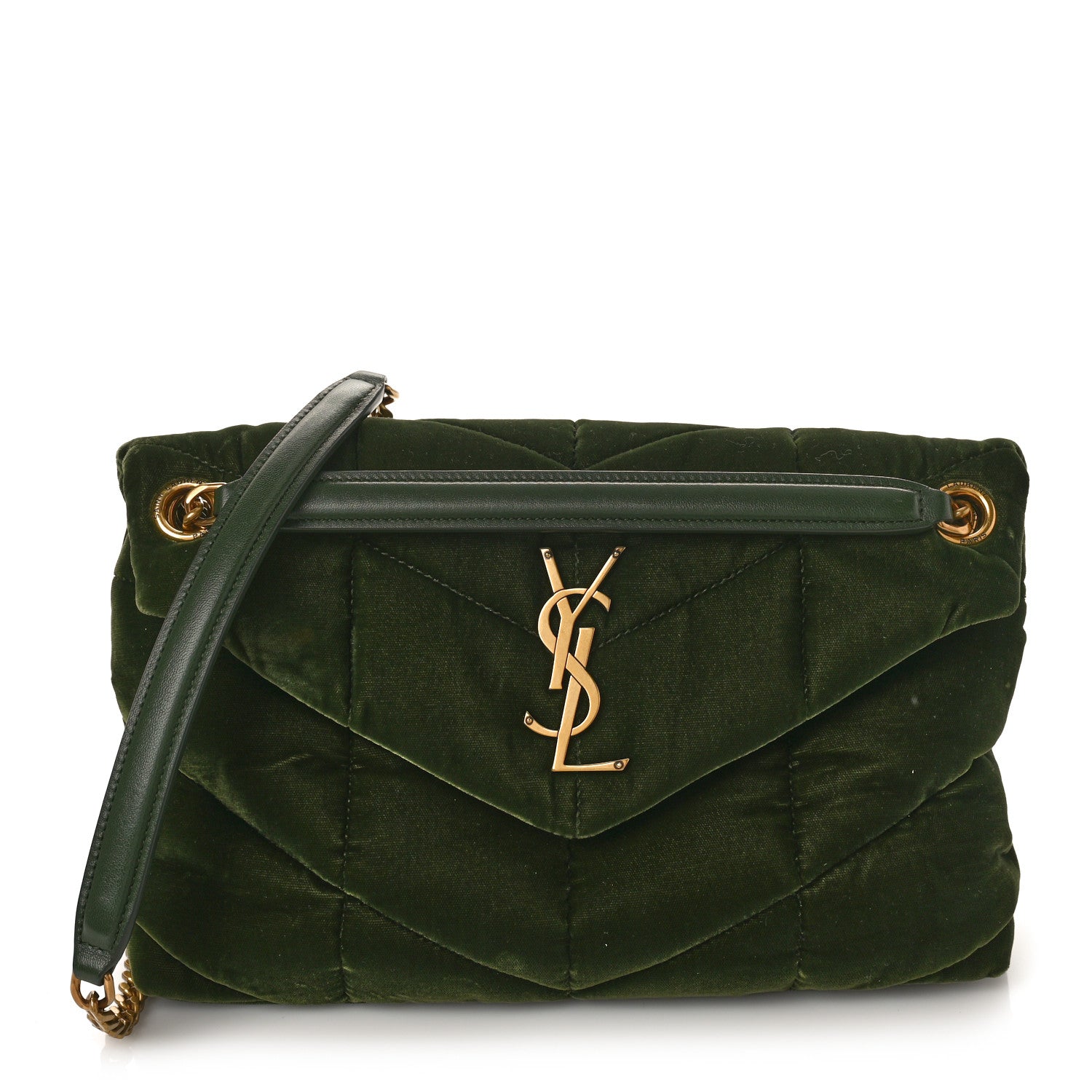 Saint Laurent Velvet Quilted Small Loulou Puffer Monogram Chain Satchel Kaki Musk 1 of 8