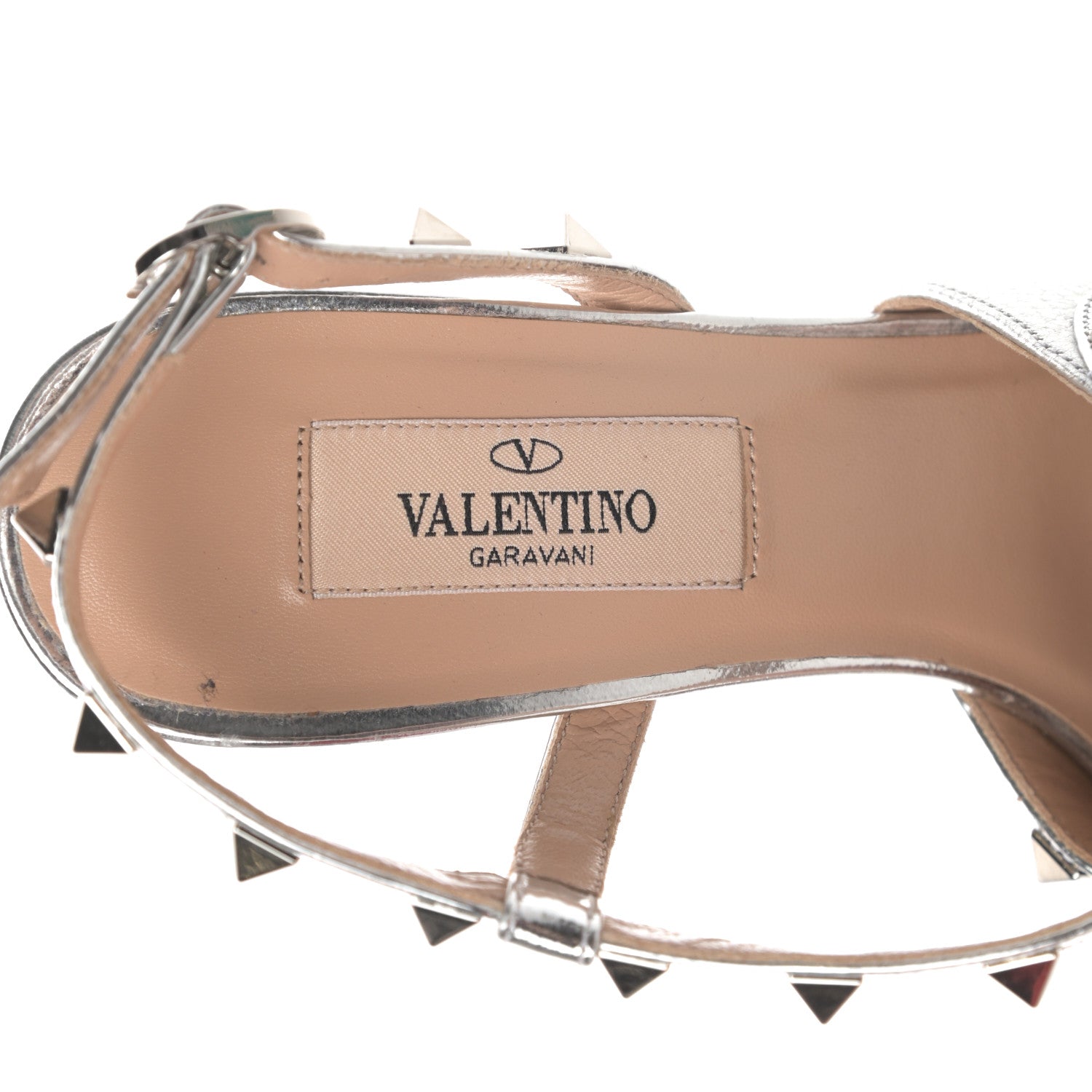 Valentino Garavani Metallic Pebbled Calfskin Rockstud Asymmetric 100mm Sandals 35.5 Silver 6 of 15