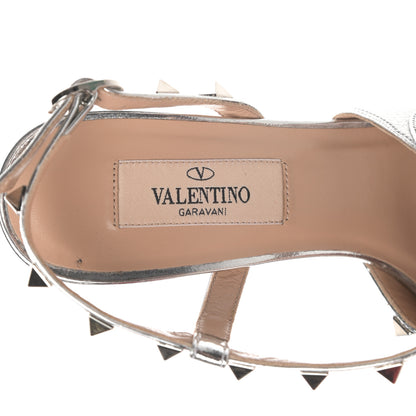 Valentino Garavani Metallic Pebbled Calfskin Rockstud Asymmetric 100mm Sandals 35.5 Silver 6 of 15
