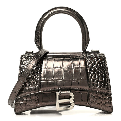 Metallic Shiny Calfskin Crocodile Embossed Hourglass Top Handle Bag XS Dark Bronze