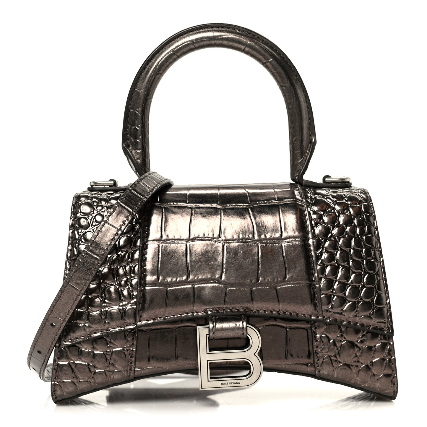 Metallic Shiny Calfskin Crocodile Embossed Hourglass Top Handle Bag XS Dark Bronze