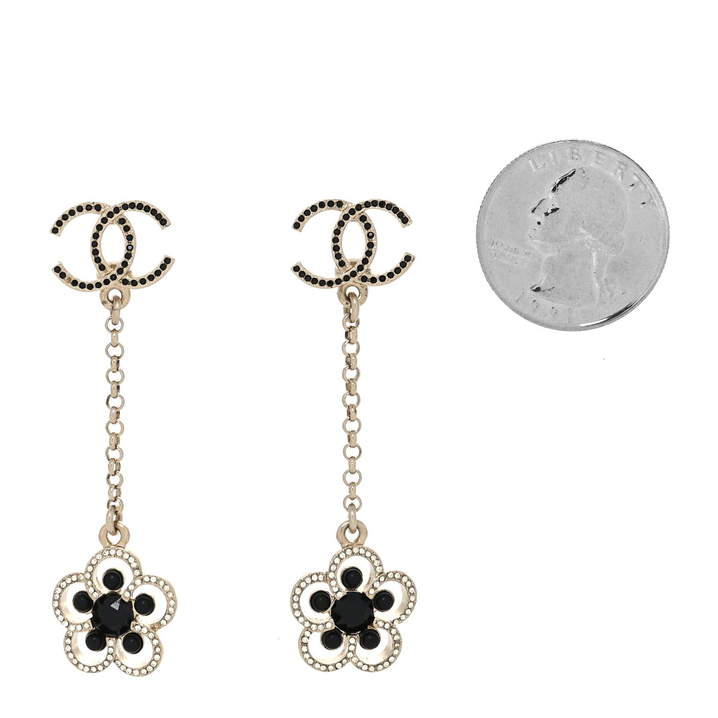 Crystal CC Camellia Drop Earrings Black Gold