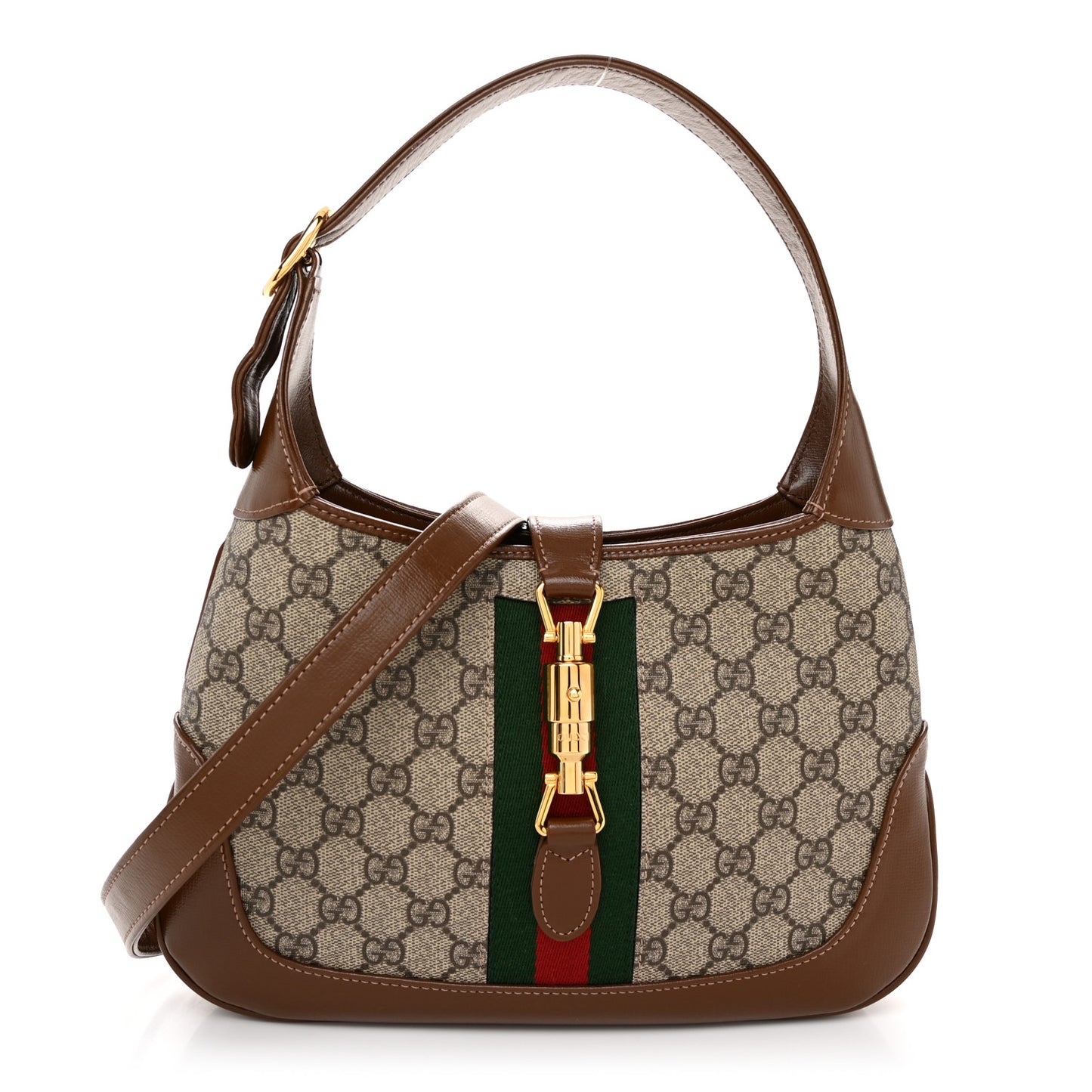 GG Supreme Monogram Azalea Calfskin Web Small Jackie 1961 Hobo Beige Ebony Brown Sugar