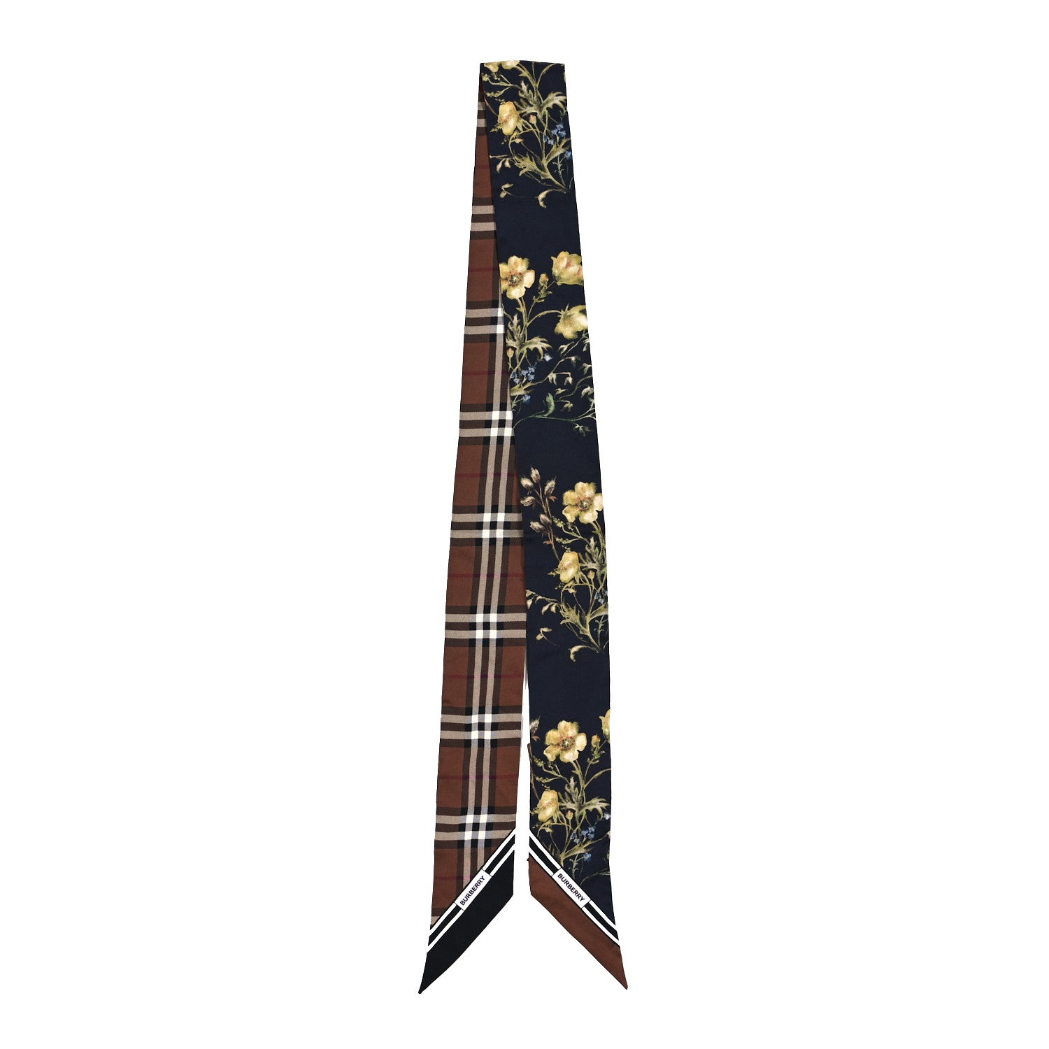 Burberry Silk Floral Print Watercolour Reversible Skinny Scarf Black 2 of 4
