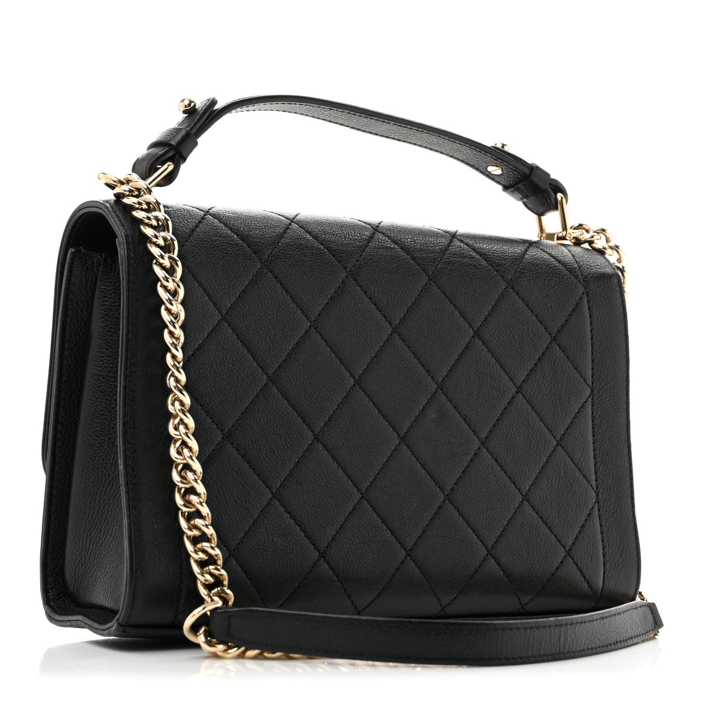 Grained Calfskin Quilted Medium Label Click Flap Bag Black