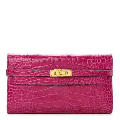 Hermes Shiny Alligator Kelly Longue Wallet Rose Sheherazade 1 of 9
