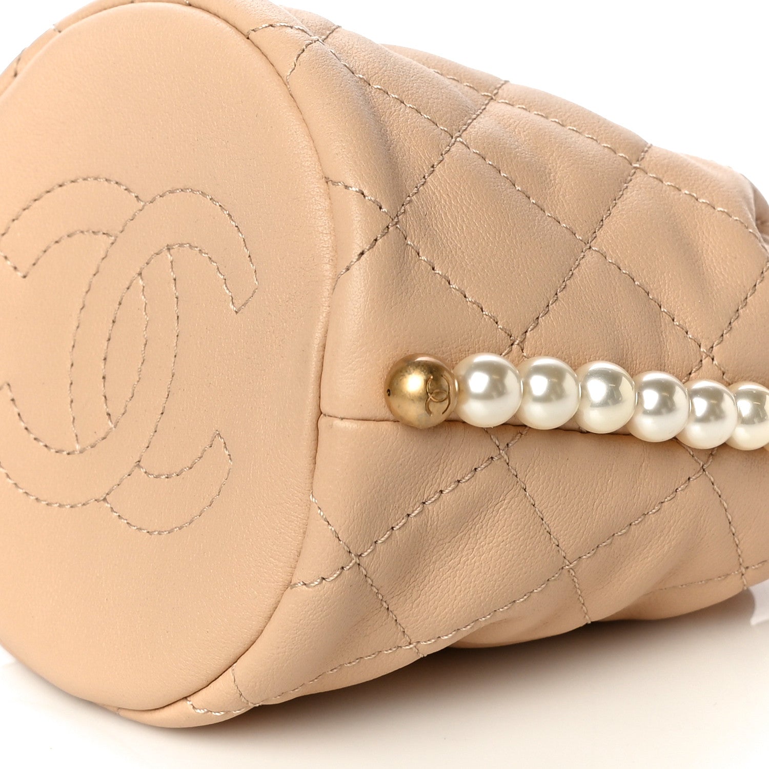 Chanel Calfskin Quilted Pearl Mini About Pearls Drawstring Bucket Bag Beige 10 of 10