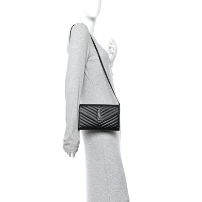 Saint Laurent Grain De Poudre Matelasse Chevron Monogram Monochrome Chain Wallet Black 2 of 9