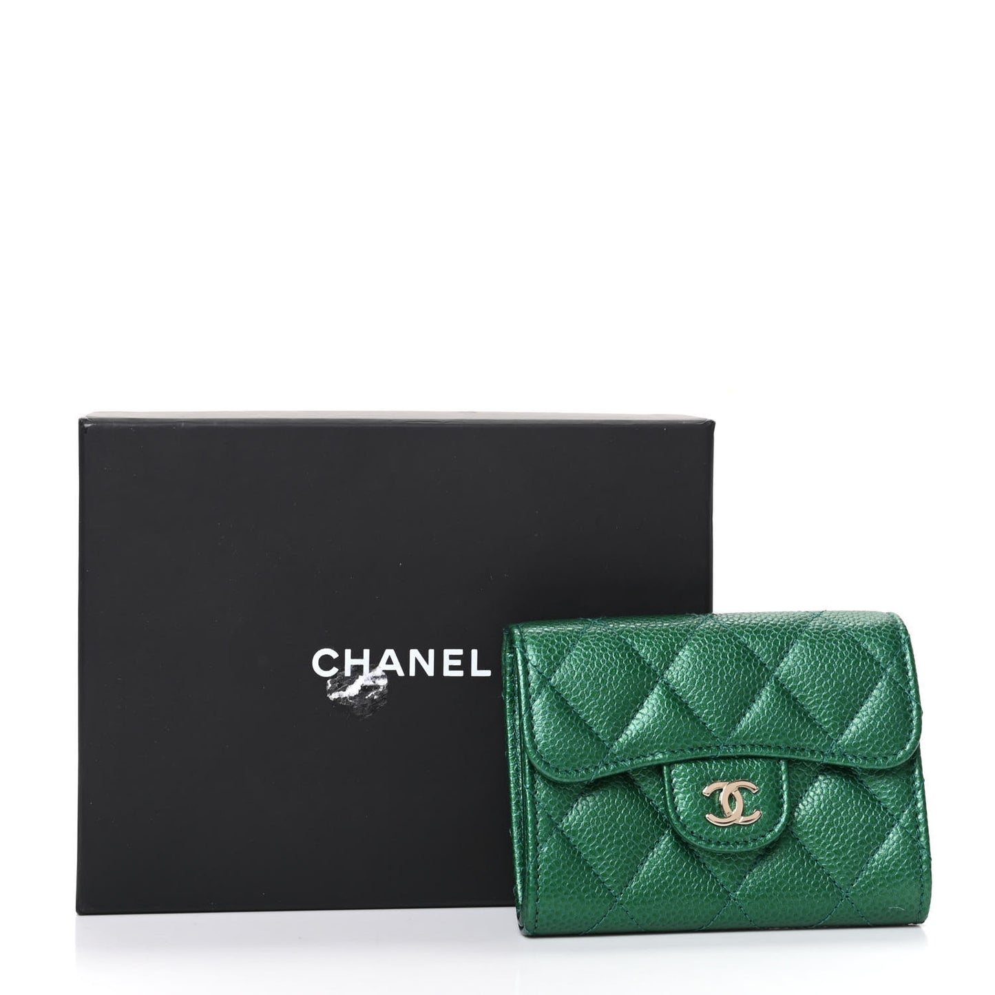 Metallic Caviar Quilted Card Holder Wallet Green