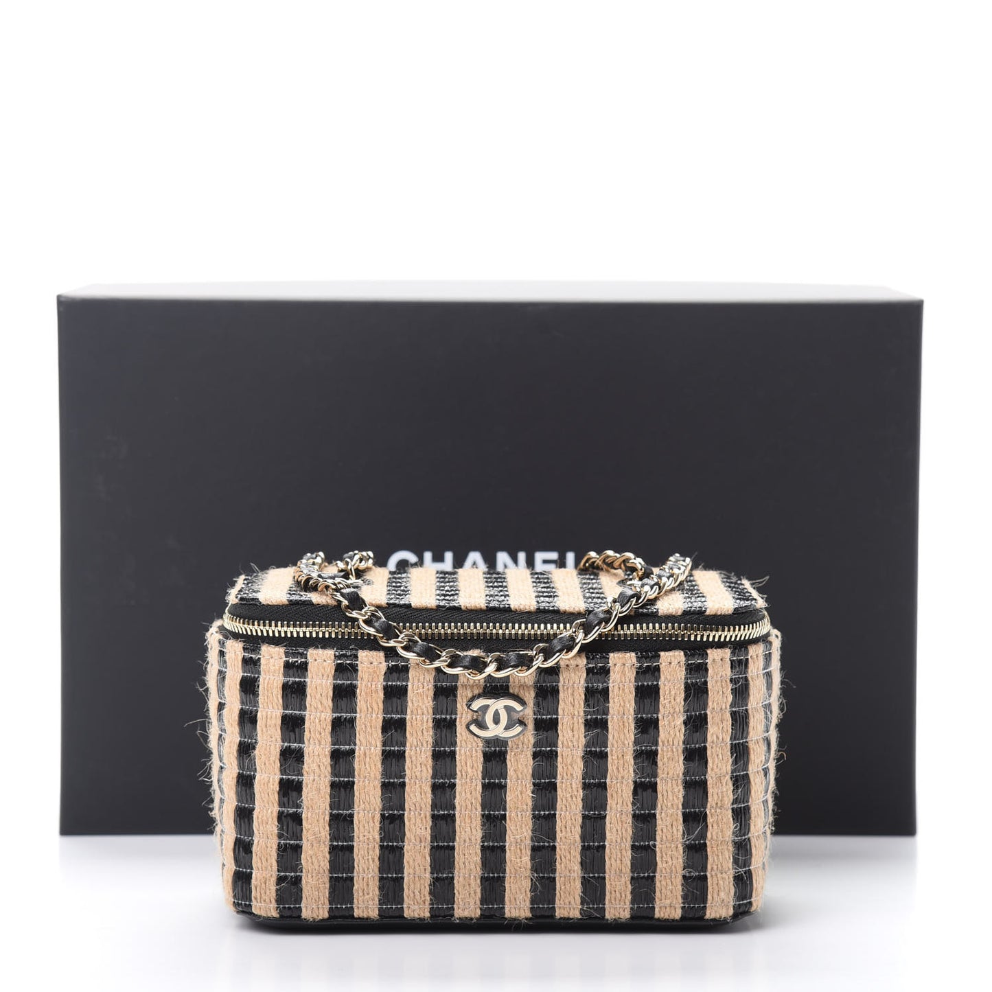 Raffia Jute Striped Small Vanity Case With Chain Black Beige