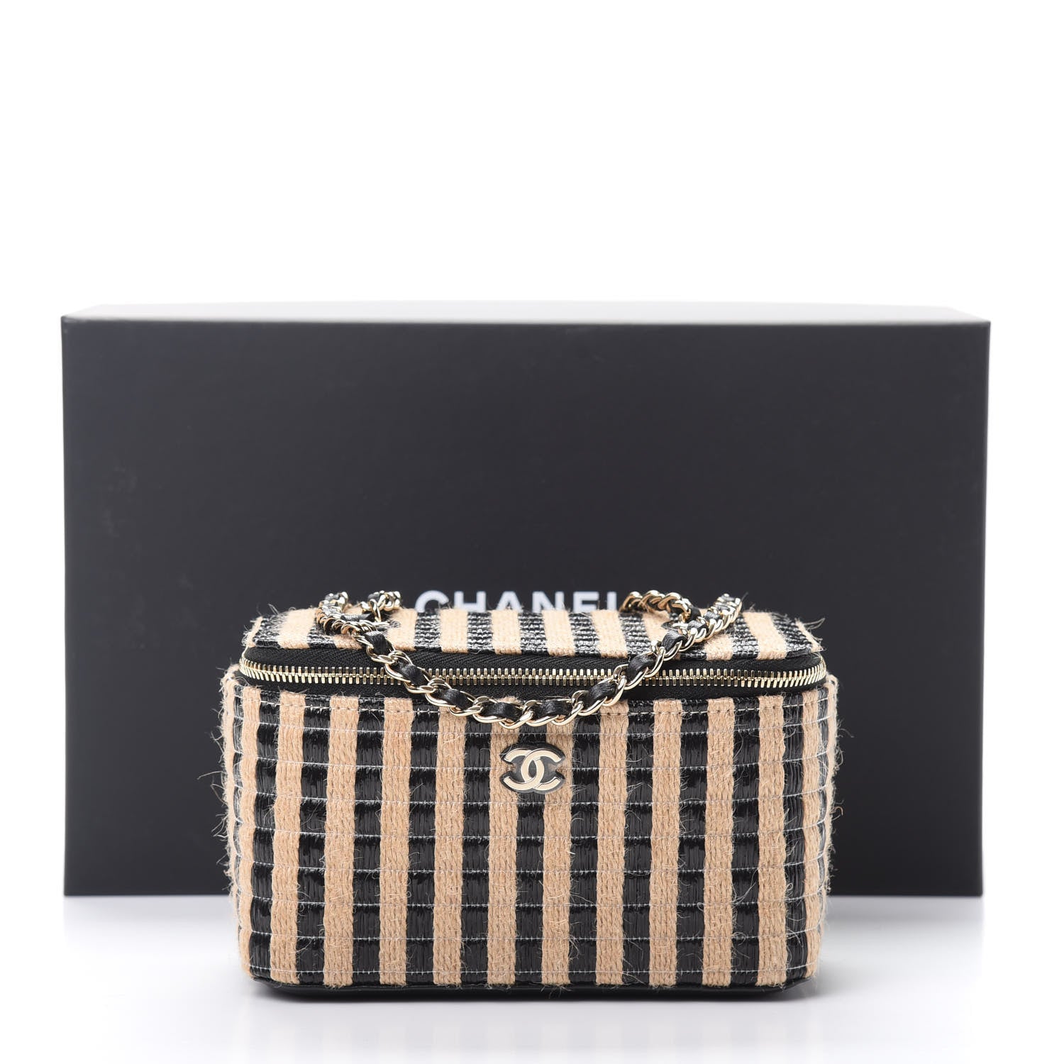 Chanel Raffia Jute Striped Small Vanity Case With Chain Black Beige 11 of 11