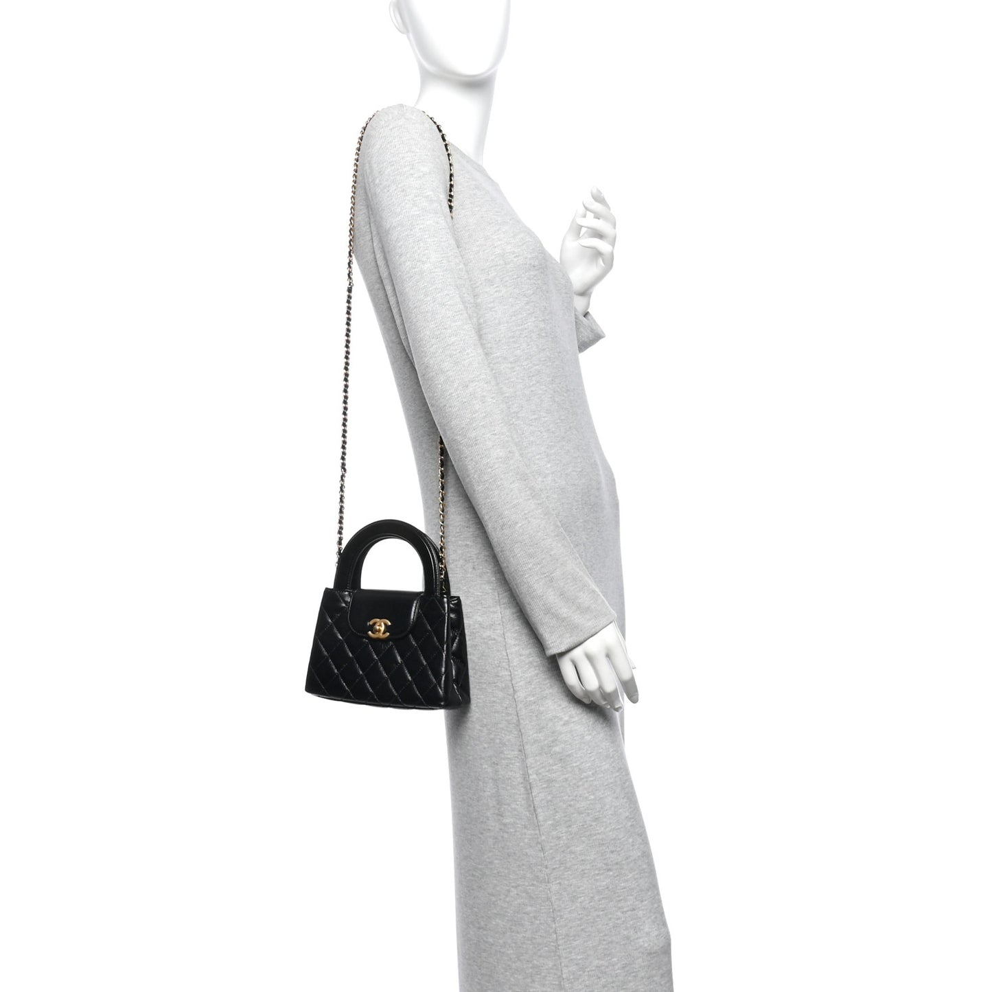 Shiny Aged Calfskin Quilted Nano Kelly Shopper Black