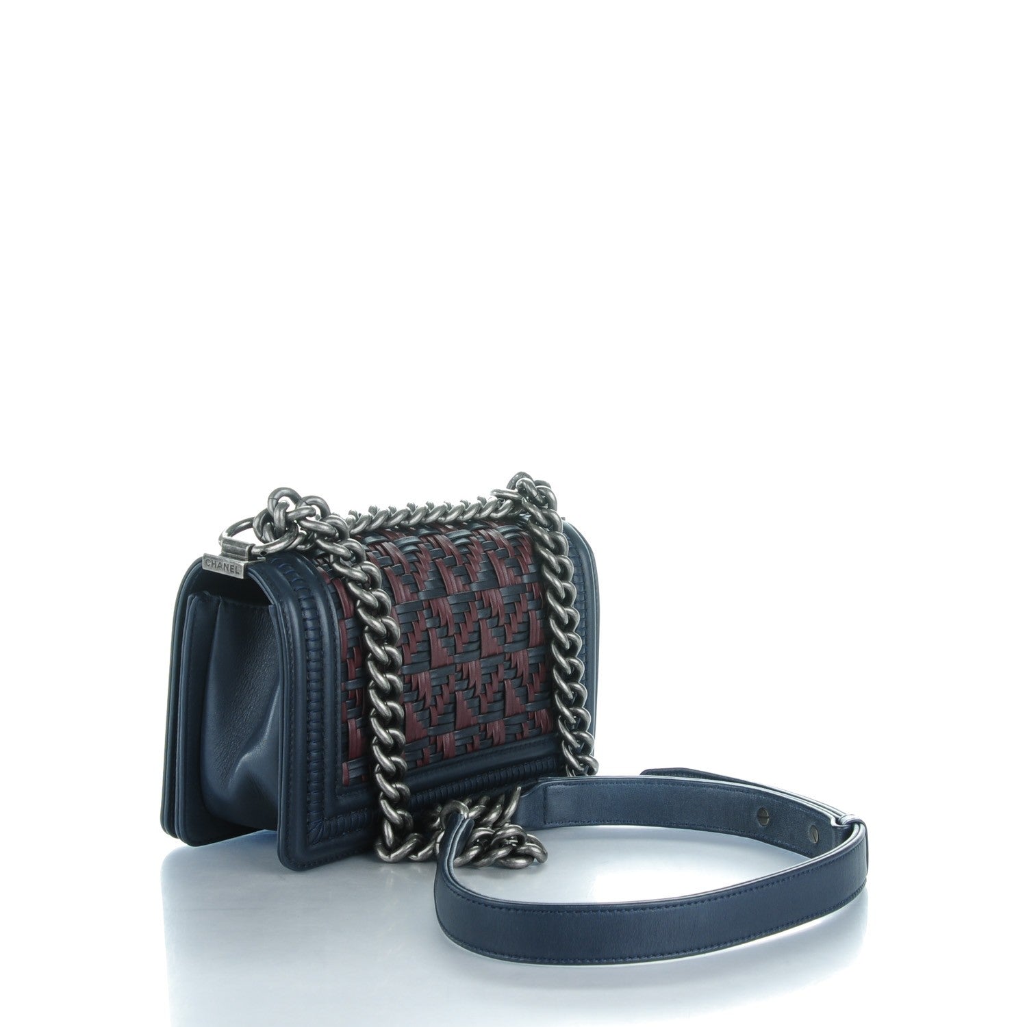 Chanel Calfskin Woven Small Boy Flap Navy Burgundy 3 of 8