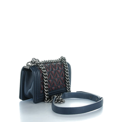 Chanel Calfskin Woven Small Boy Flap Navy Burgundy 3 of 8