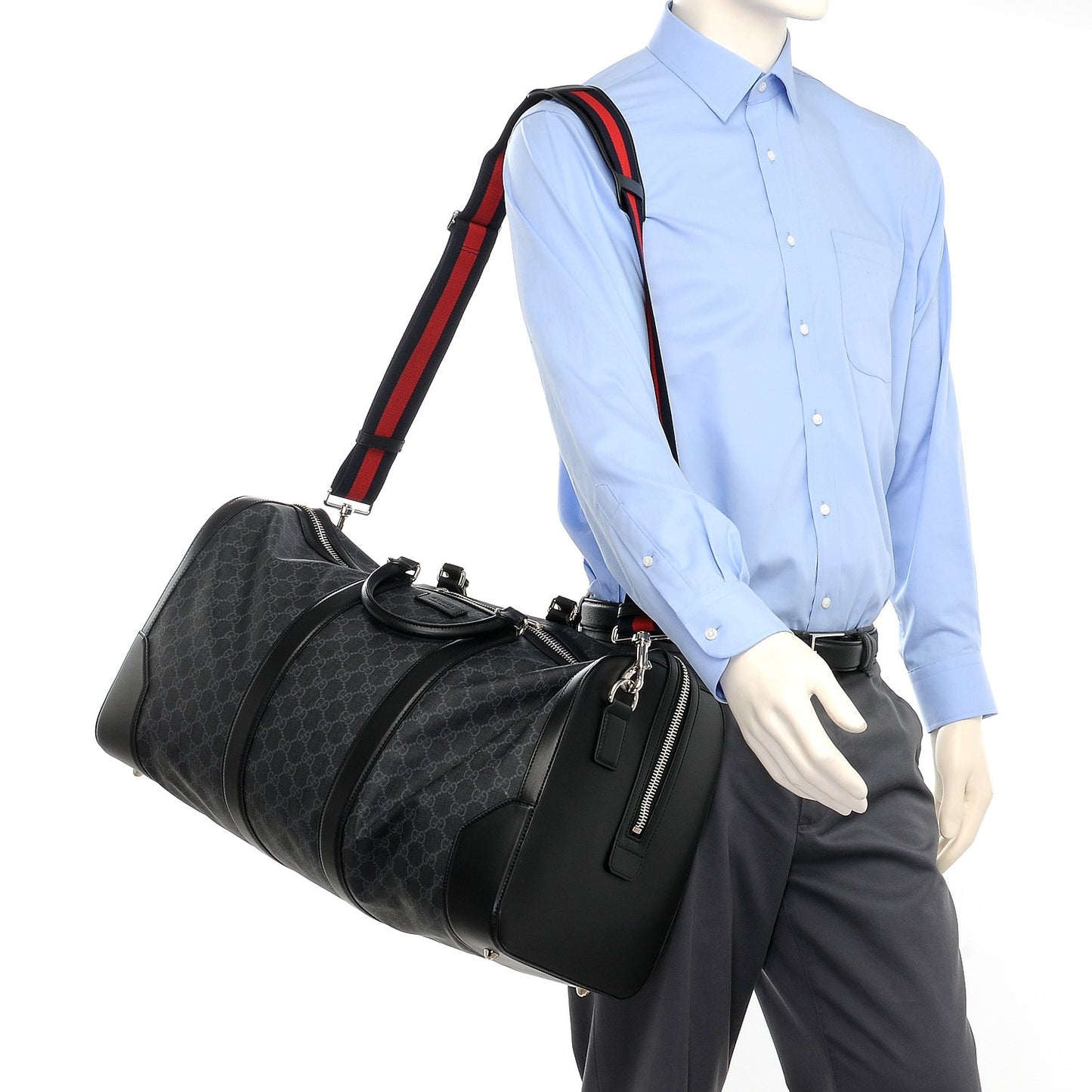 Soft GG Supreme Monogram Appia Calfskin Web Large Carry On Duffle Bag Black Grey