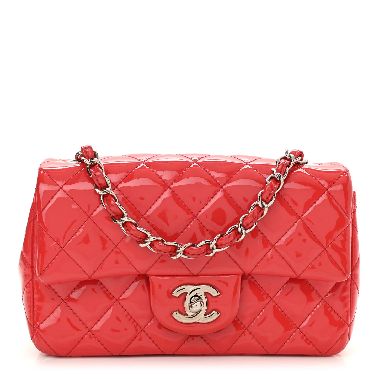 Patent Calfskin Quilted Mini Rectangular Flap Red
