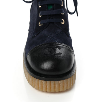 Chanel Suede Calfskin Velvet Quilted CC Combat Boots 35 Navy Green Black 10 of 10