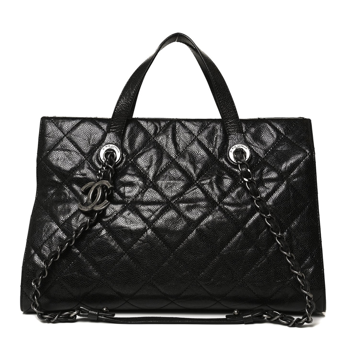 Crumpled Grained Calfskin Quilted CC Crave Tote Black