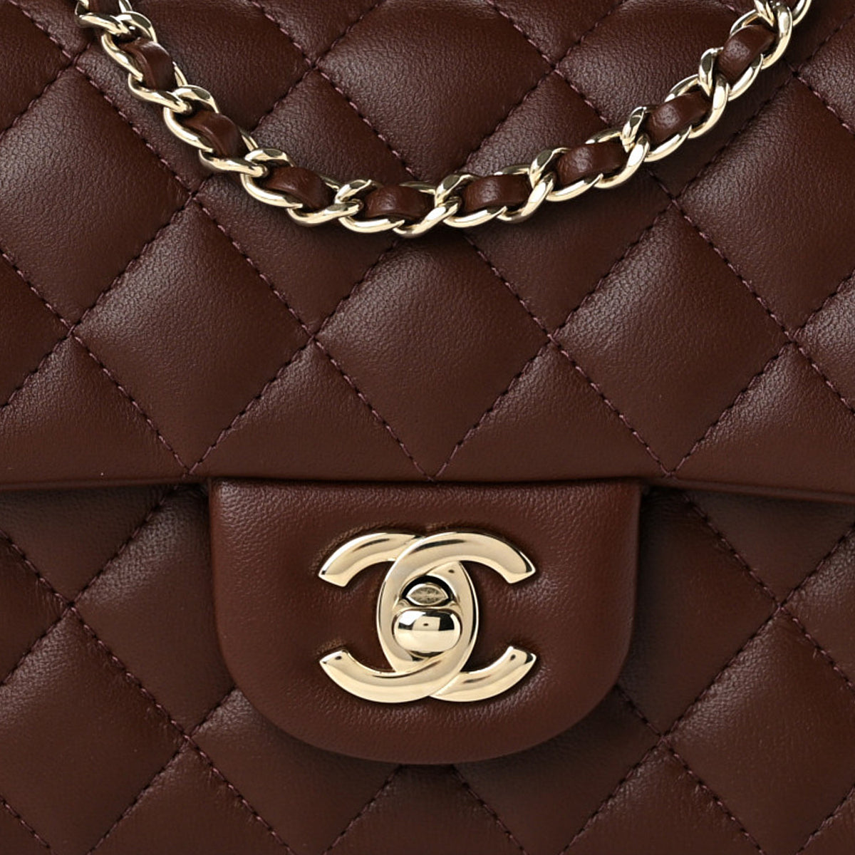 Lambskin Quilted Mini Top Handle Rectangular Flap Dark Brown