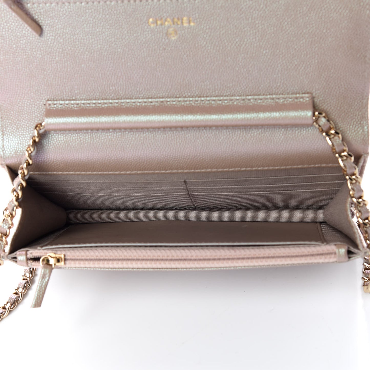 Iridescent Caviar Quilted Wallet On Chain WOC Beige