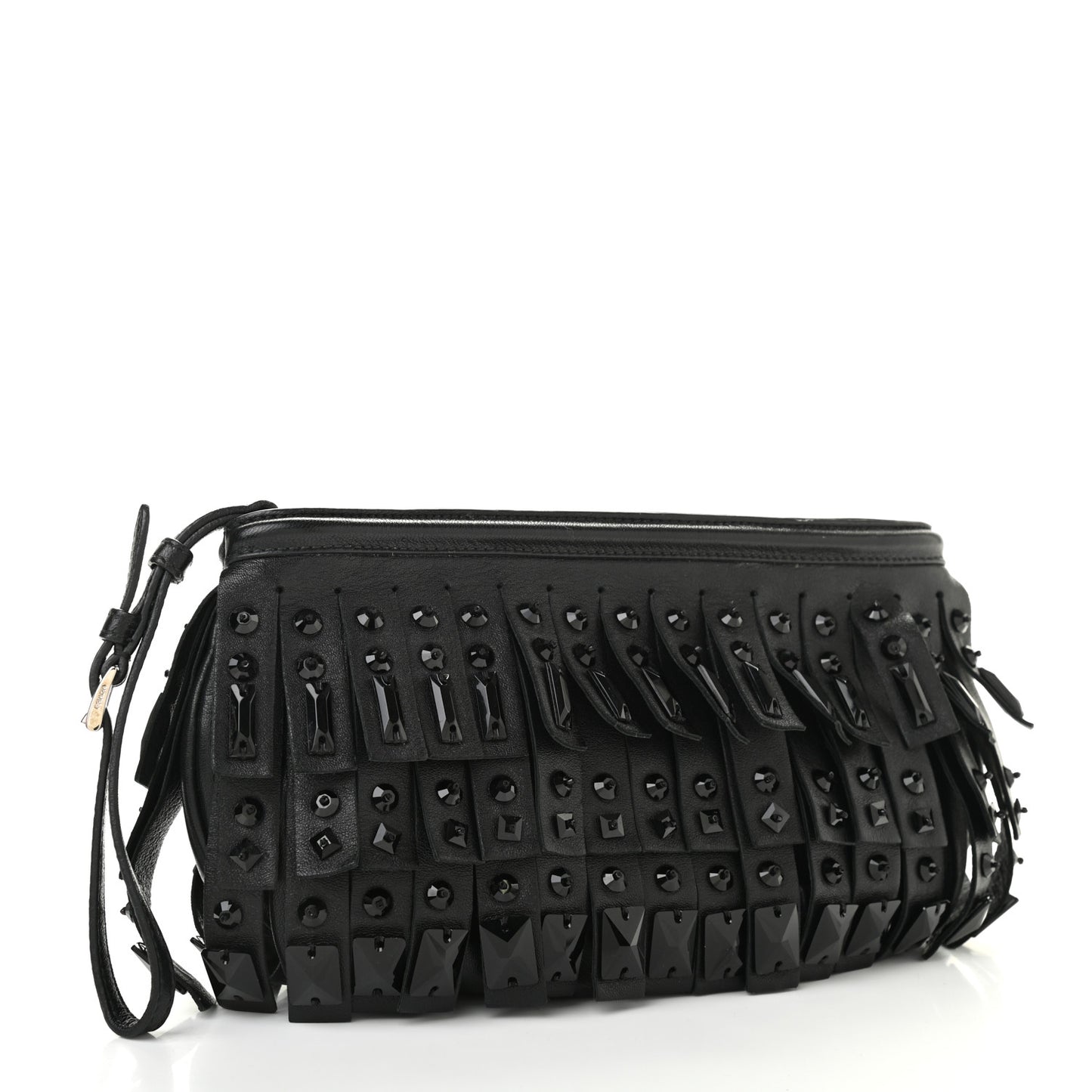 Nappa Jeweled Fringe Wristlet Clutch Black
