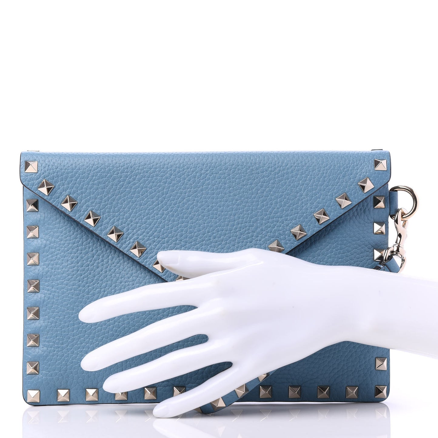 Pebbled Calfskin Medium Rockstud Envelope Flat Wristlet Pouch Atlantique