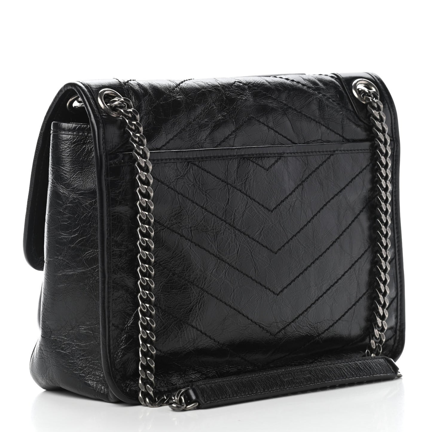 Crinkled Calfskin Matelasse Monogram Medium Niki Chain Satchel Black