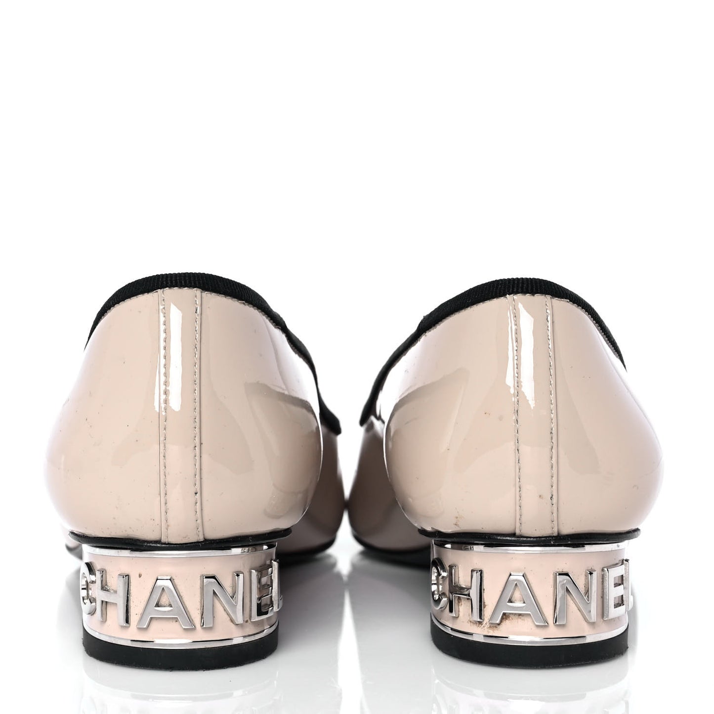 Patent Grosgrain Cap Toe Logo Flats 36 Beige Black