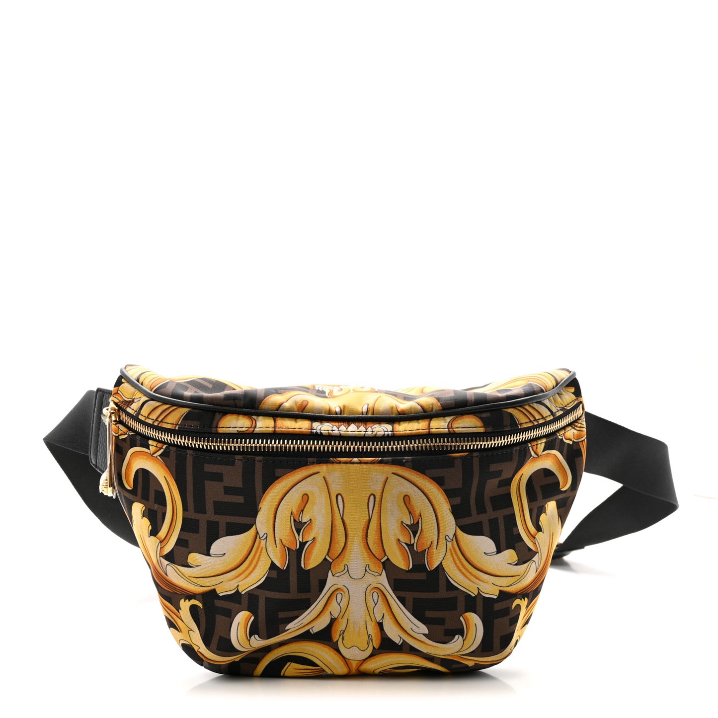 X VERSACE Nylon Cuoio Romano Fendace FF Baroque Belt Bag Black Gold