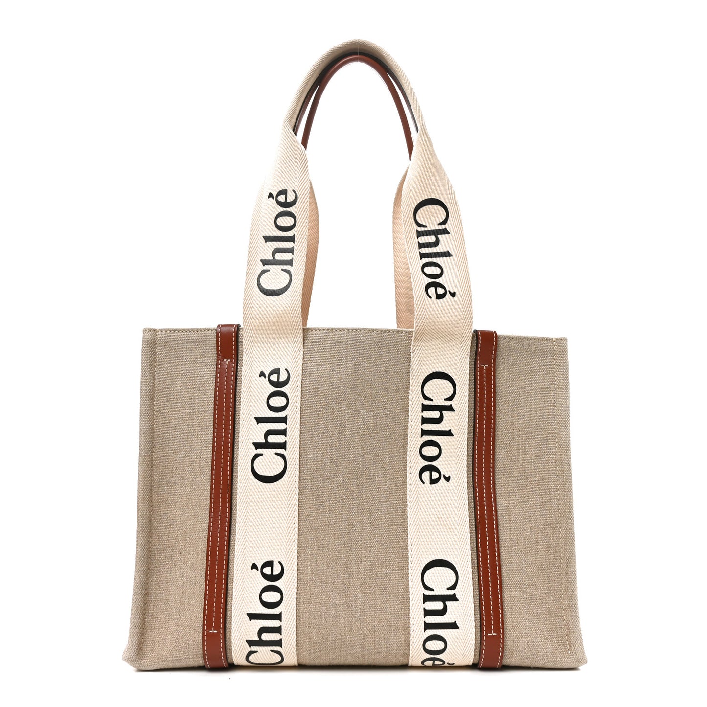 Linen Calfskin Medium Woody Ribbon Tote White Brown