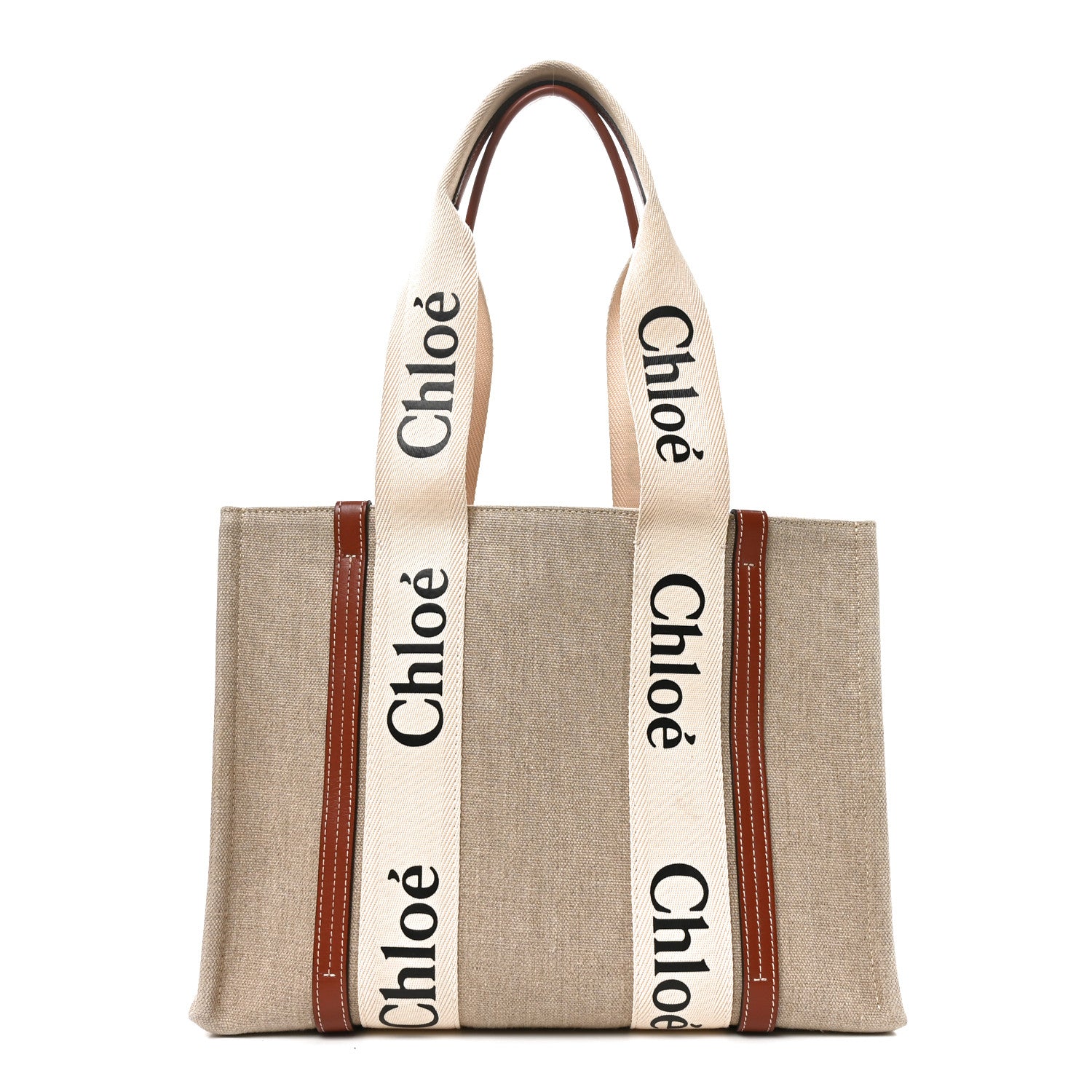 Chloe Linen Calfskin Medium Woody Ribbon Tote White Brown 1 of 10
