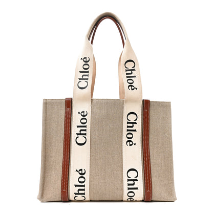 Chloe Linen Calfskin Medium Woody Ribbon Tote White Brown 1 of 10