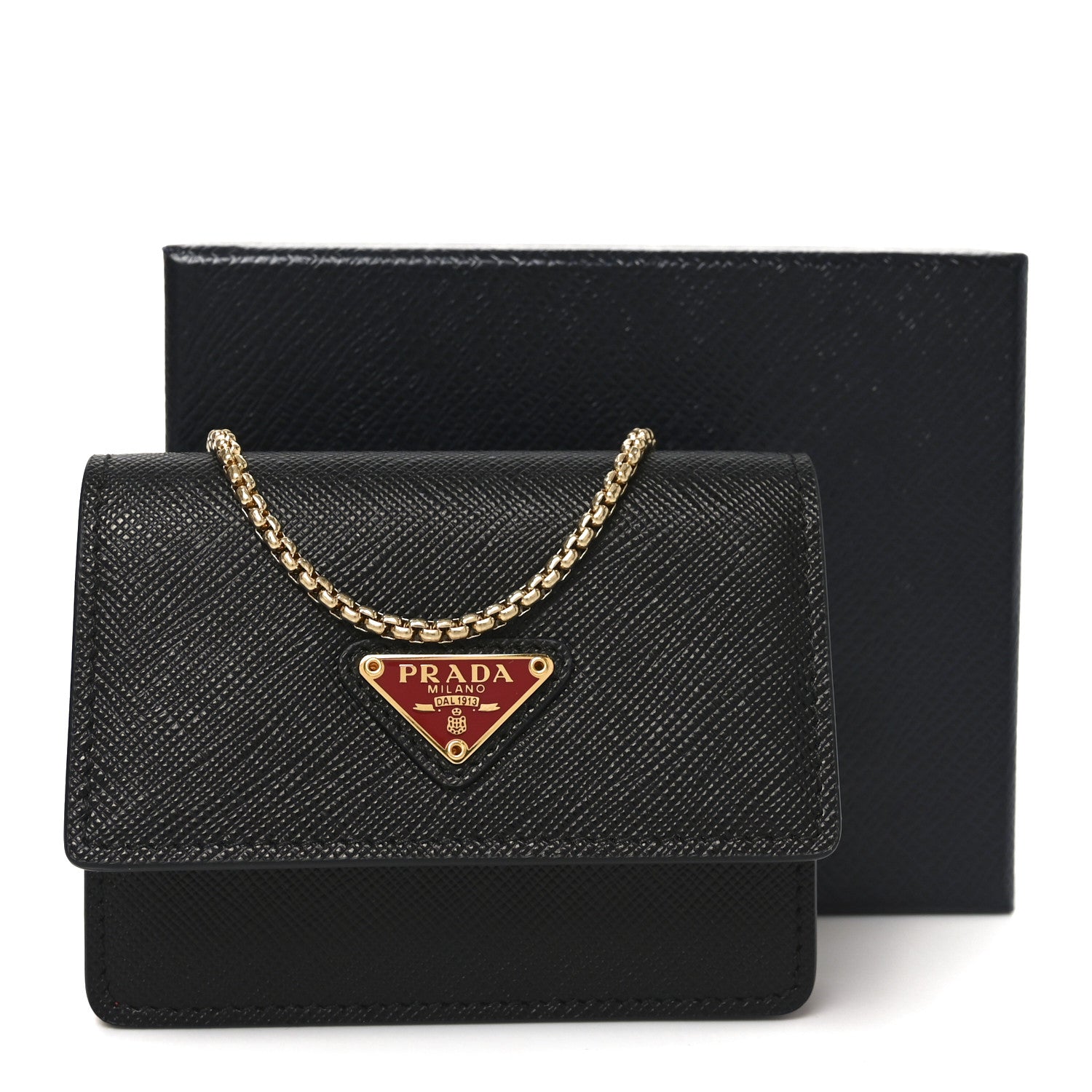 【美品】PRADA SAFFIANO TRIANG Prada Saffiano Triangle Accordion Card Case with Chain Black