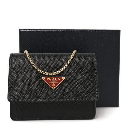 Prada Saffiano Triangle Accordion Card Case with Chain Black 9 of 9