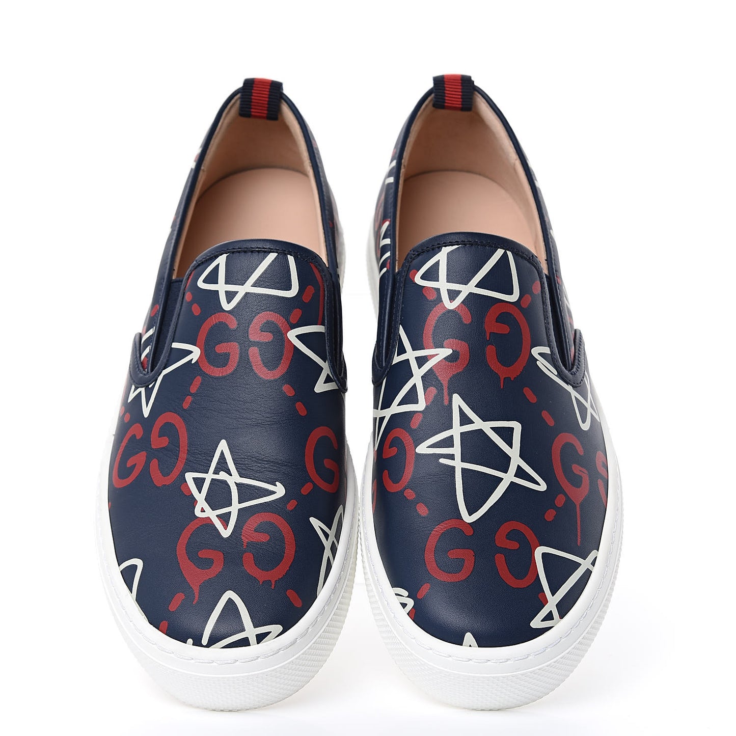 Calfskin GucciGhost Print Womens Slip On Sneakers 41 Blue Agata Hibiscus Red