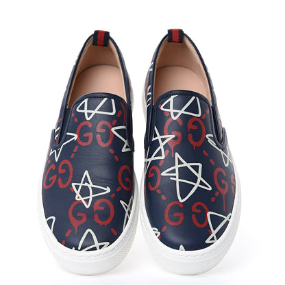 Gucci Calfskin GucciGhost Print Womens Slip On Sneakers 41 Blue Agata Hibiscus Red 9 of 10