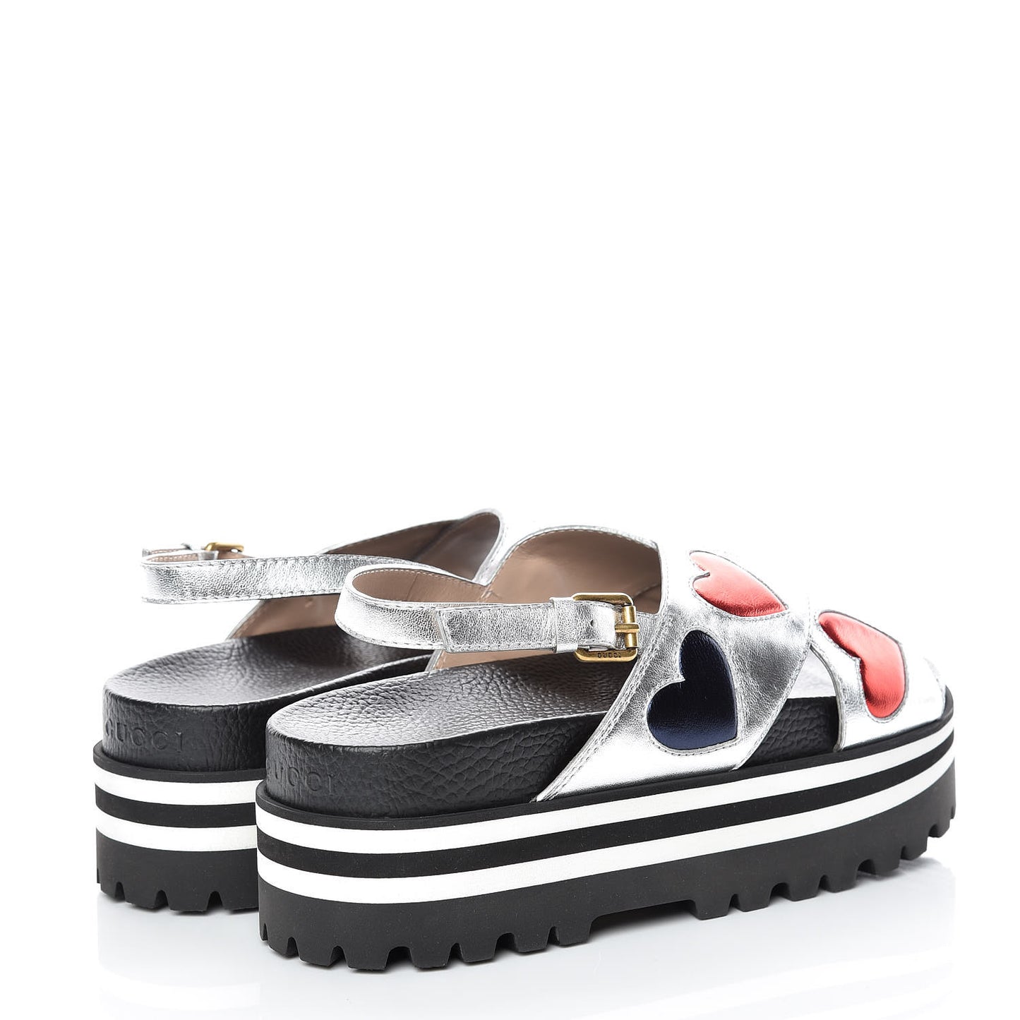 Metallic Nappa Silk Sunrise Heart Crossover Platform Lug Sole Sandals 38 Argento