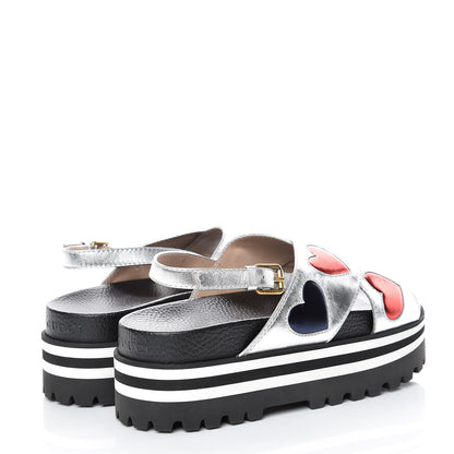 Gucci Metallic Nappa Silk Sunrise Heart Crossover Platform Lug Sole Sandals 38 Argento 4 of 7