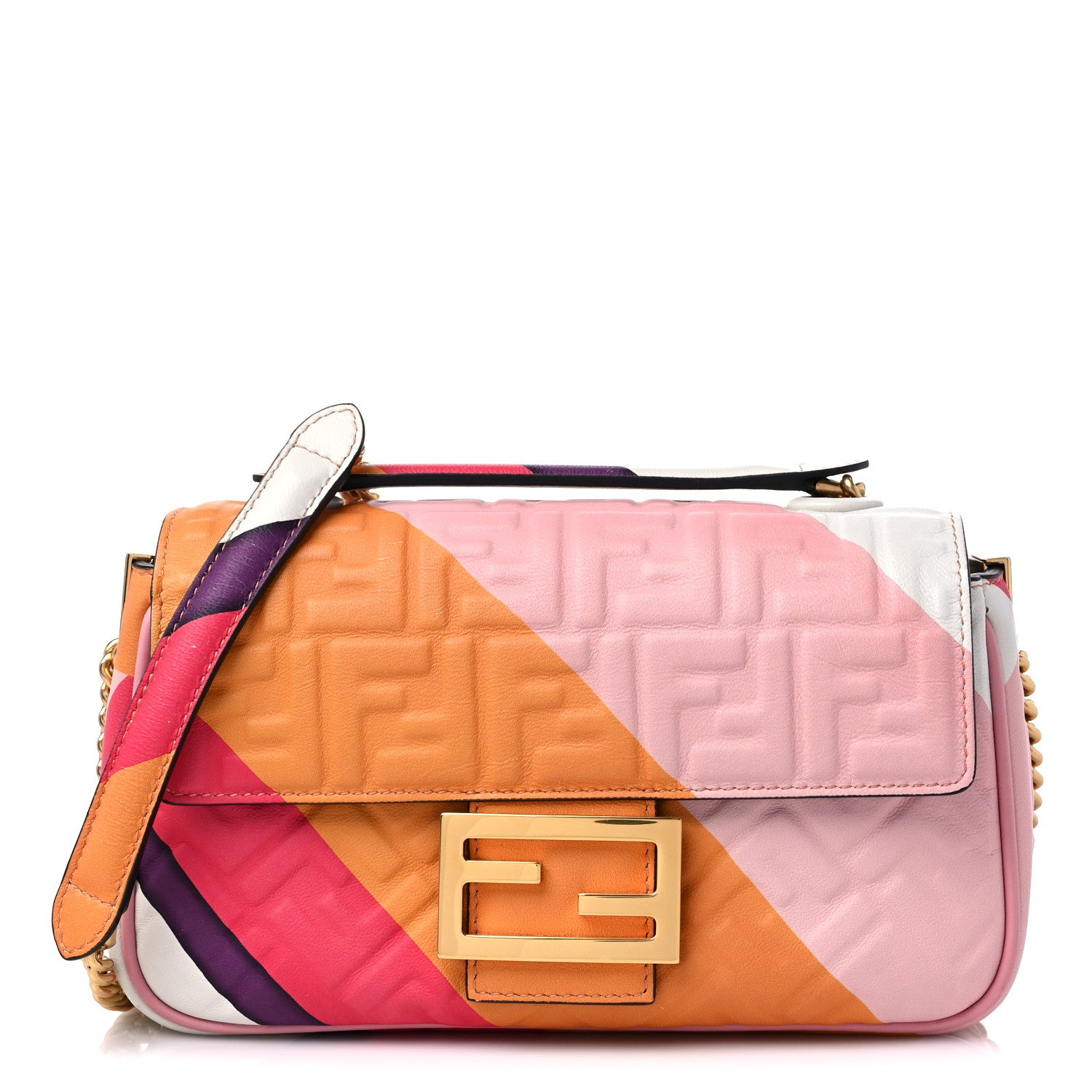 Fendi Nappa FF Embossed Line Print Midi Chain Baguette White Multicolor 1 of 12