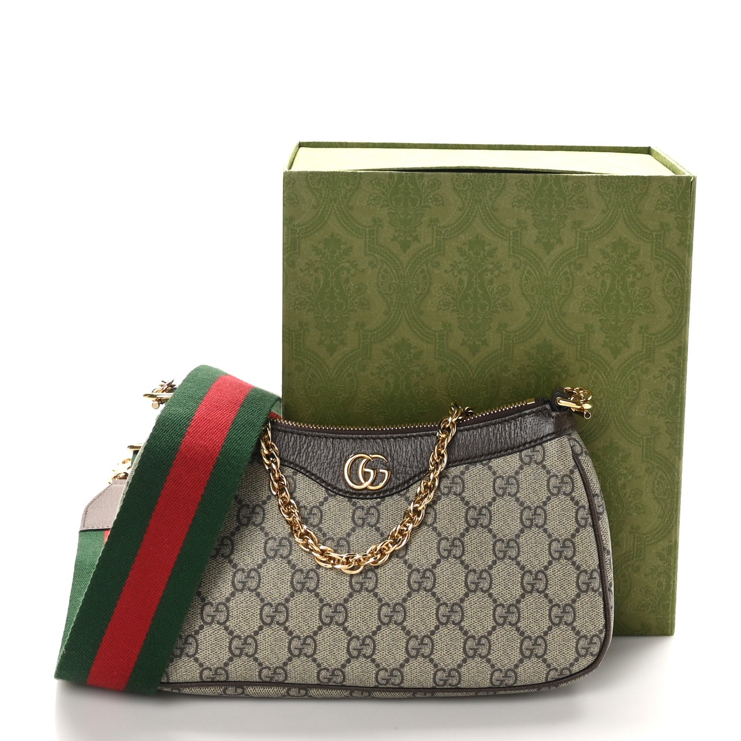 GG Supreme Monogram Textured Dollar Calfskin Web Small Ophidia GG Handbag Beige Ebony New Acero