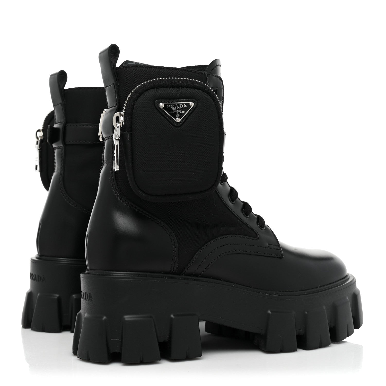 Prada Spazzolato Rois Nylon Metal Triangle Logo Monolith Pouch Pocket 55mm Boots 36 Black 5 of 9