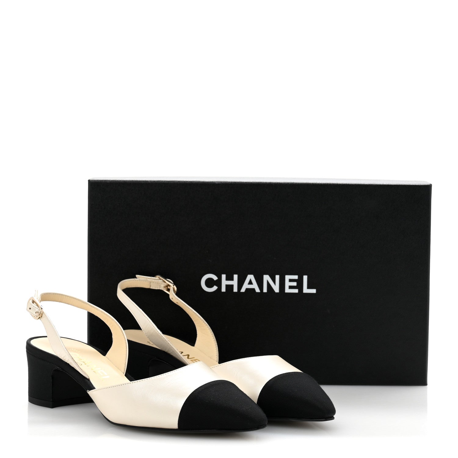 Chanel Iridescent Calfskin Grosgrain Cap Toe CC Slingback Pumps 36 White Black 11 of 11