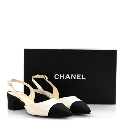 Chanel Iridescent Calfskin Grosgrain Cap Toe CC Slingback Pumps 36 White Black 11 of 11