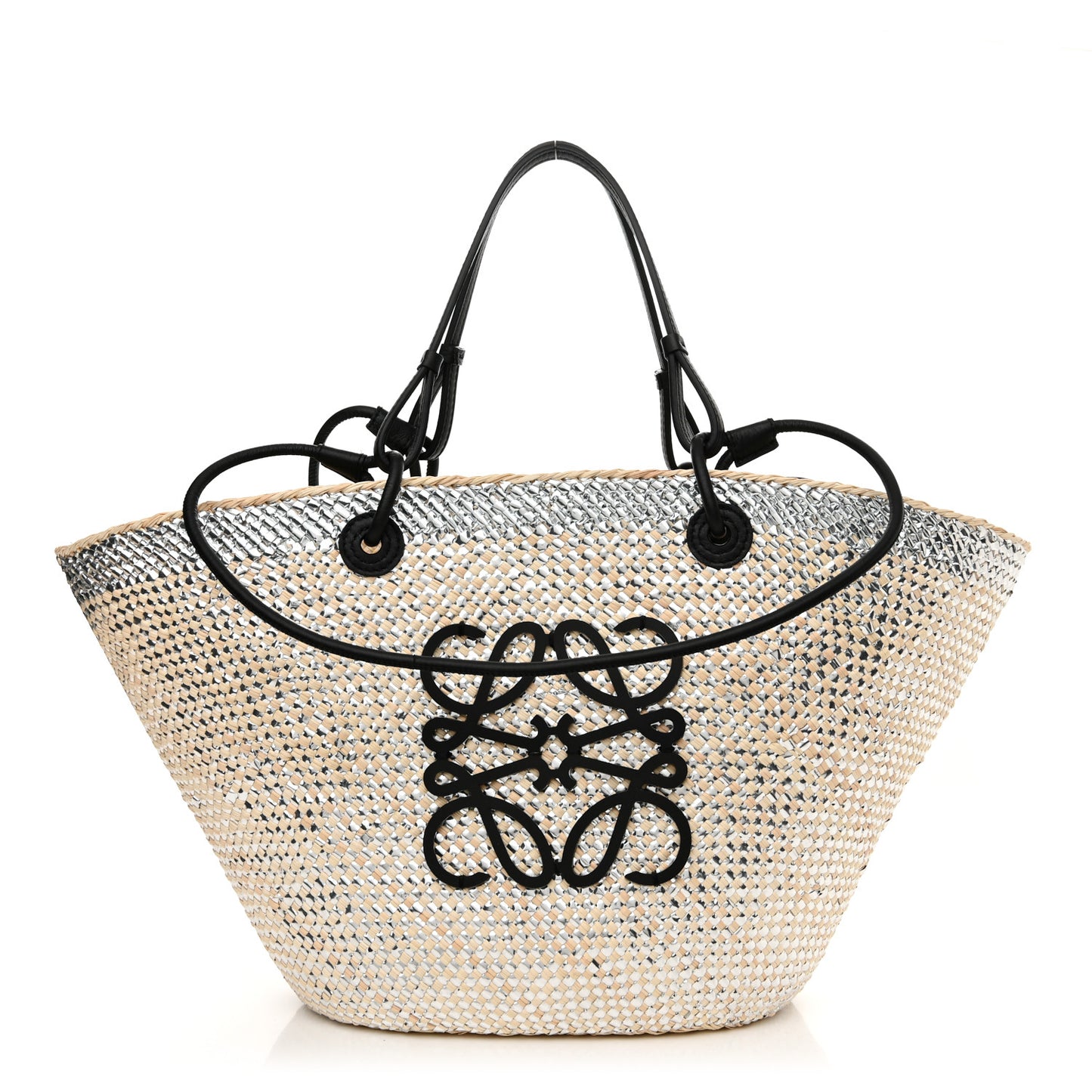 Calfskin Raffia Paulas Ibiza Sparkling Metallic Anagram Basket Tote Bag Natural Silver